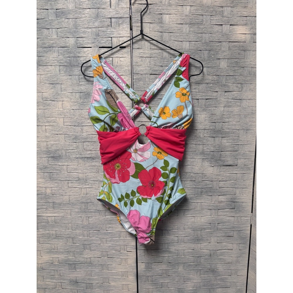 Venus 8 Barbados One Piece Swimsuit Blue Pink Floral O-Ring Retro‎ 70s Beachwear